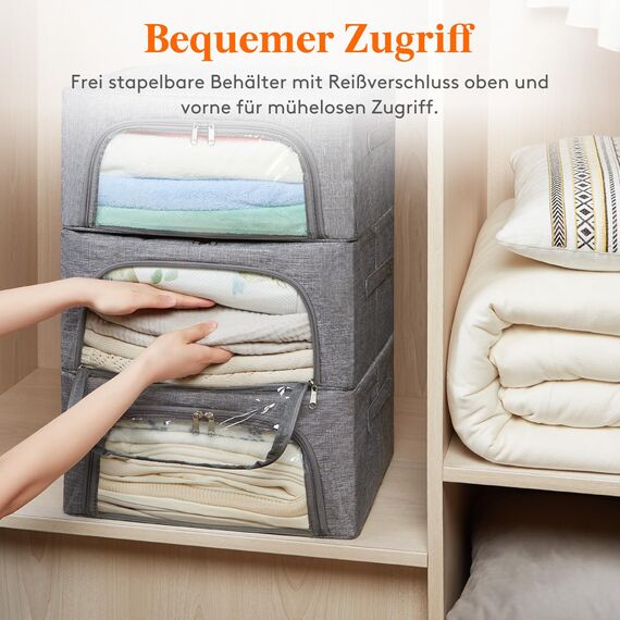 Lifewit 25L Aufbewahrungsbox mit Deckel, Kleidung Aufbewahrung, Faltbare Kleideraufbewahrung mit Metallrahmen, Stoffbox mit Griffen & Fenster, Aufbewahrung Kleiderschrank, 3er Set, Hellgrau