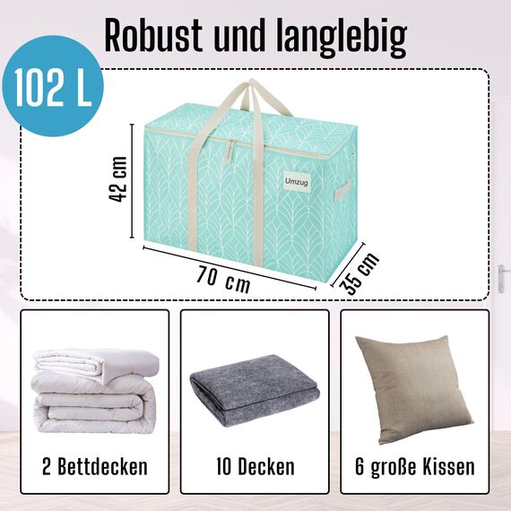 VENO 102 Liter Große Aufbewahrungstasche, Aufbewahrungsbox mit Deckel, Starke Griffe Umzugstaschen mit Reißverschlüssen, Alternative Umzugskartons, Faltbare Kleideraufbewahrung (Immergrün, 6er Pack)