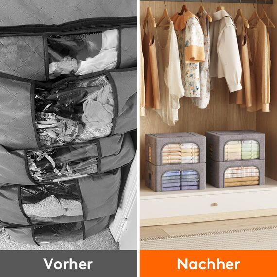 Lifewit 25L Aufbewahrungsbox mit Deckel, Kleidung Aufbewahrung, Faltbare Kleideraufbewahrung mit Metallrahmen, Stoffbox mit Griffen & Fenster, Aufbewahrung Kleiderschrank, 4er Set, Hellgrau