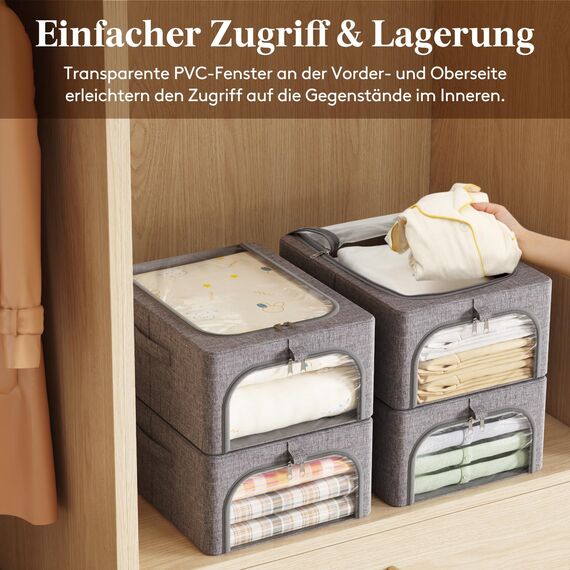 Lifewit 6 Stück Kleideraufbewahrungsbehälter mit Metallrahmen, Faltbare Aufbewahrungsbox mit Deckel, 25L Stapelbare Aufbewahrungsbeutel Stoffbehälter Organizer mit Klarsichtfenster, Robuste Griffe