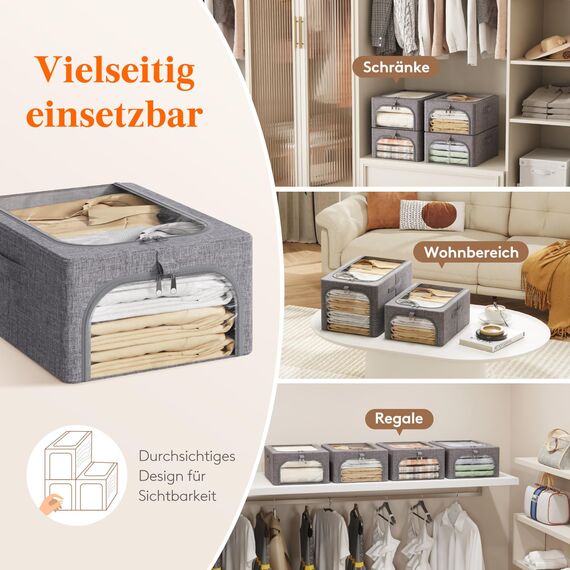 Lifewit 6 Stück Kleideraufbewahrungsbehälter mit Metallrahmen, Faltbare Aufbewahrungsbox mit Deckel, 25L Stapelbare Aufbewahrungsbeutel Stoffbehälter Organizer mit Klarsichtfenster, Robuste Griffe