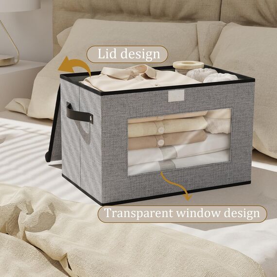 YheenLf Aufbewahrungsbox mit Deckel Stoff, Schrank Organizer Kleiderschrank, Aufbewahrungsboxn mit Fenster, Faltbox mit Griff, 3 Stück, Grau, 45x30x30cm