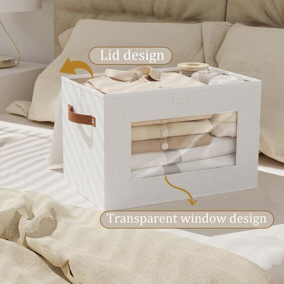 YheenLf 3 StüCk Aufbewahrungsboxen Stoff, Faltbare Aufbewahrungsbox, Boxen mit Deckel Aufbewahrung, Ordnungsboxen, Schrank Organizer mit Fenster, Weiß, 33x23x20cm
