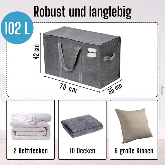VENO 102 Liter Große Aufbewahrungstasche, Aufbewahrungsbox mit Deckel, Starke Griffe Umzugstaschen mit Reißverschlüssen, Alternative Umzugskartons, Faltbare Kleideraufbewahrung (Grau, 8er Pack)
