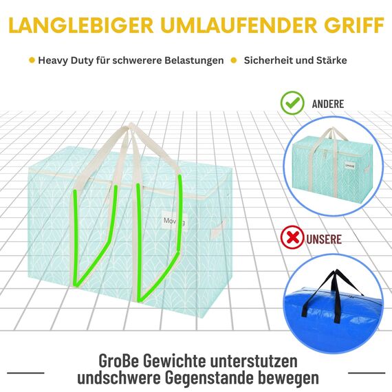 VENO 102 Liter Große Aufbewahrungstasche, Aufbewahrungsbox mit Deckel, Starke Griffe Umzugstaschen mit Reißverschlüssen, Alternative Umzugskartons, Faltbare Kleideraufbewahrung (Immergrün, 4er Pack)