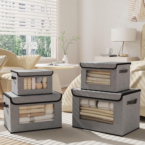 YheenLf 1 StüCk Aufbewahrungsboxen Stoff, Faltbare Aufbewahrungsbox, Boxen mit Deckel Aufbewahrung, Ordnungsboxen, Schrank Organizer mit Fenster, Grau, 33x23x20cm