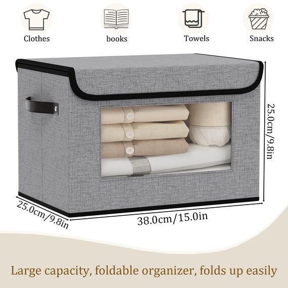 YheenLf Aufbewahrungsbox, Kleiderschrank Organizer, Aufbewahrungskorb mit Deckel Stoff, Faltbox mit Griff, 3 Stück, Grau, mit Fenster, 38x25x25cm