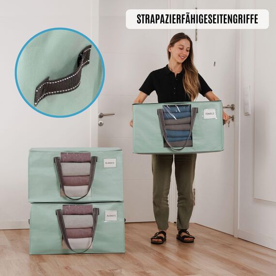 VENO Umzugstaschen 4 Stück Aufbewahrungstasche mit Griffe und Reißverschlüssen, Kleideraufbewahrung Umzugskartons, Faltbare Aufbewahrung Boxen,Wasserdichte Transporttasche (Hellgrün, 4er-Pack)