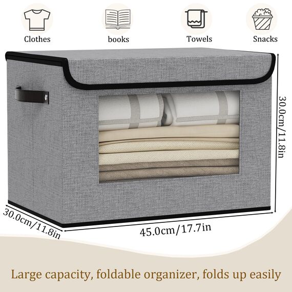 YheenLf Aufbewahrungsbox mit Deckel Stoff, Schrank Organizer Kleiderschrank, Aufbewahrungsboxn mit Fenster, Faltbox mit Griff, 3 Stück, Grau, 45x30x30cm