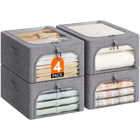 Lifewit 4 Stück Kleideraufbewahrungsbehälter mit Metallrahmen, Faltbare Aufbewahrungsbox mit Deckel, 25L Stapelbare Aufbewahrungsbeutel Stoffbehälter Organizer mit Klarsichtfenster, Robuste Griffe