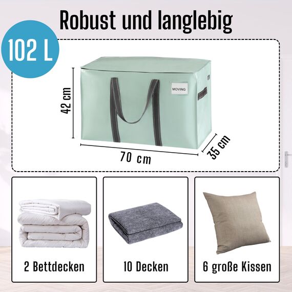 VENO 102 Liter Große Aufbewahrungstasche, Aufbewahrungsbox mit Deckel, Starke Griffe Umzugstaschen mit Reißverschlüssen, Alternative Umzugskartons, Faltbare Kleideraufbewahrung (Hellgrün, 10er Pack)