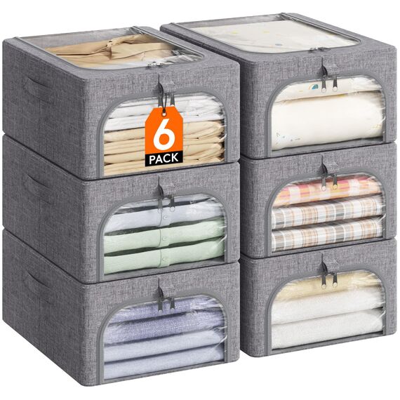 Lifewit 6 Stück Kleideraufbewahrungsbehälter mit Metallrahmen, Faltbare Aufbewahrungsbox mit Deckel, 25L Stapelbare Aufbewahrungsbeutel Stoffbehälter Organizer mit Klarsichtfenster, Robuste Griffe