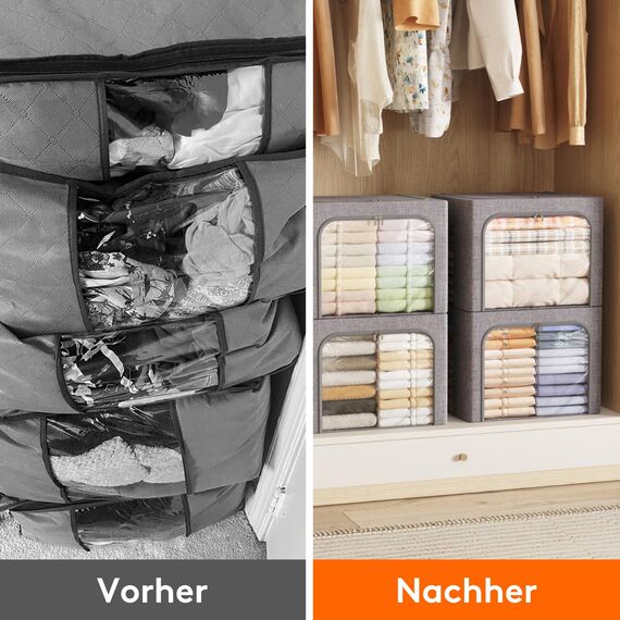 Lifewit 75L Aufbewahrungsbox mit Deckel, Kleidung Aufbewahrung, Faltbare Kleideraufbewahrung mit Metallrahmen, Stoffbox mit Griffen & Fenster, Aufbewahrung Kleiderschrank, 4er Set, Hellgrau