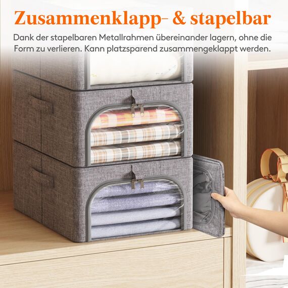 Lifewit 4 Stück Kleideraufbewahrungsbehälter mit Metallrahmen, Faltbare Aufbewahrungsbox mit Deckel, 25L Stapelbare Aufbewahrungsbeutel Stoffbehälter Organizer mit Klarsichtfenster, Robuste Griffe