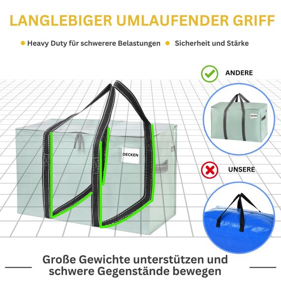 VENO 102 Liter Große Aufbewahrungstasche, Aufbewahrungsbox mit Deckel, Starke Griffe Umzugstaschen mit Reißverschlüssen, Alternative Umzugskartons, Faltbare Kleideraufbewahrung (Hellgrün, 4er Pack)