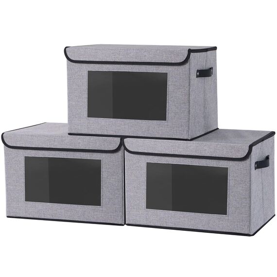 YheenLf Aufbewahrungsbox, Kleiderschrank Organizer, Aufbewahrungskorb mit Deckel Stoff, Faltbox mit Griff, 3 Stück, Grau, mit Fenster, 38x25x25cm