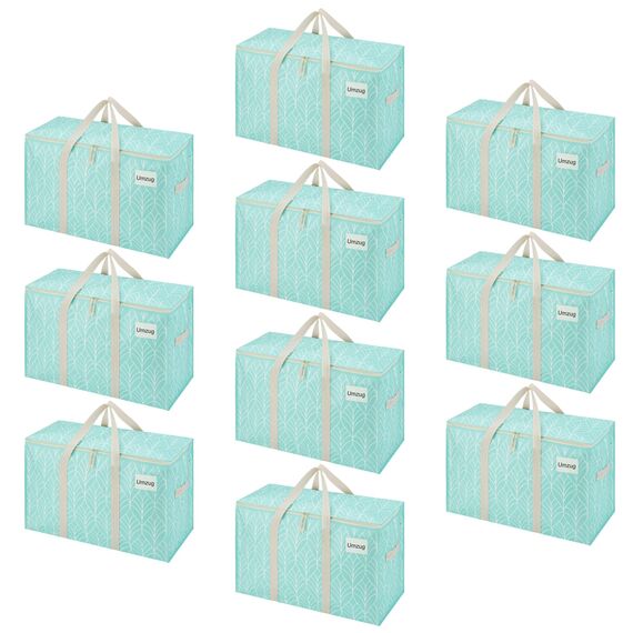 VENO 102 Liter Große Aufbewahrungstasche, Aufbewahrungsbox mit Deckel, Starke Griffe Umzugstaschen mit Reißverschlüssen, Alternative Umzugskartons, Faltbare Kleideraufbewahrung (Immergrün, 10er Pack)