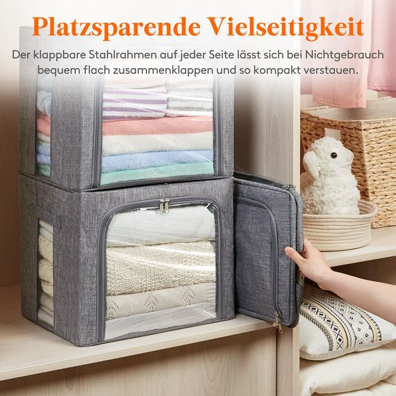 Lifewit 40L Aufbewahrungsbox mit Deckel, Kleidung Aufbewahrung, Faltbare Kleideraufbewahrung mit Metallrahmen, Stoffbox mit Griffen & Fenster, Aufbewahrung Kleiderschrank, 3er Set, Hellgrau