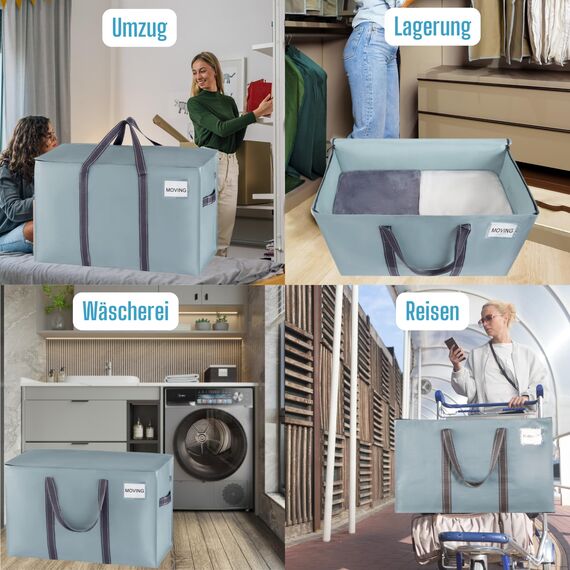 VENO 102 Liter Große Aufbewahrungstasche, Aufbewahrungsbox mit Deckel, Starke Griffe Umzugstaschen mit Reißverschlüssen, Alternative Umzugskartons, Faltbare Kleideraufbewahrung (Hellblau, 8er Pack)