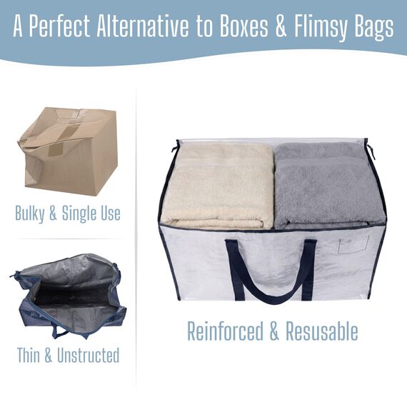 VENO 102 Liter Große Aufbewahrungstasche, Aufbewahrungsbox mit Deckel, Starke Griffe Umzugstaschen mit Reißverschlüssen, Alternative Umzugskartons, Faltbare Kleideraufbewahrung (Transparent, 8er Pack)