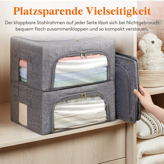 Lifewit 25L Aufbewahrungsbox mit Deckel, Kleidung Aufbewahrung, Faltbare Kleideraufbewahrung mit Metallrahmen, Stoffbox mit Griffen & Fenster, Aufbewahrung Kleiderschrank, 3er Set, Hellgrau