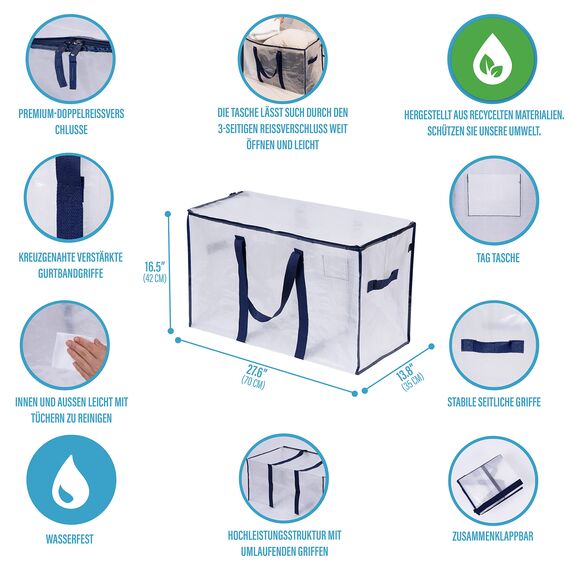 VENO 102 Liter Aufbewahrungstasche, Aufbewahrungsbox mit Deckel, Starke Griffe Umzugstaschen mit Reißverschlüssen, Alternative Umzugskartons, Faltbare Kleideraufbewahrung (Transparent, 10er Pack)