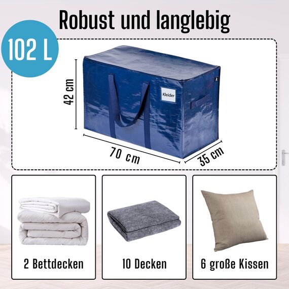 VENO 102 Liter Große Aufbewahrungstasche, Aufbewahrungsbox mit Deckel, Starke Griffe Umzugstaschen mit Reißverschlüssen, Alternative Umzugskartons, Faltbare Kleideraufbewahrung (Blau, 8er Pack)