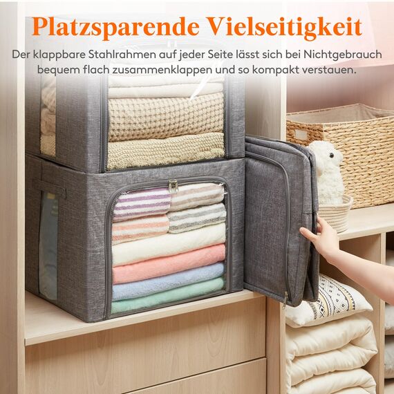 Lifewit 75L Aufbewahrungsbox mit Deckel, Kleidung Aufbewahrung, Faltbare Kleideraufbewahrung mit Metallrahmen, Stoffbox mit Griffen & Fenster, Aufbewahrung Kleiderschrank, 4er Set, Hellgrau