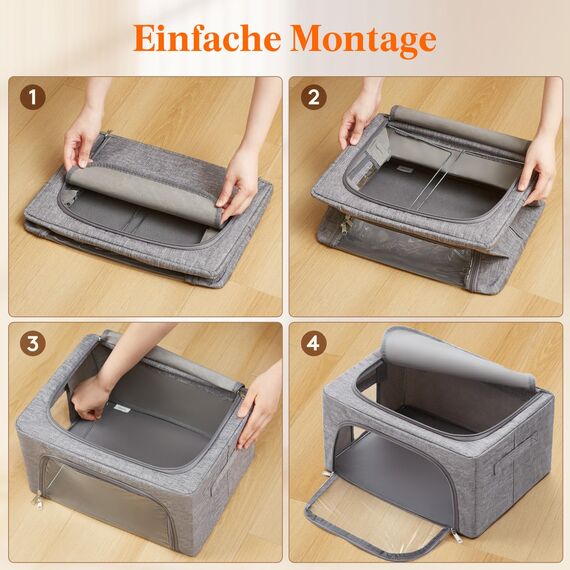 Lifewit 25L Aufbewahrungsbox mit Deckel, Kleidung Aufbewahrung, Faltbare Kleideraufbewahrung mit Metallrahmen, Stoffbox mit Griffen & Fenster, Aufbewahrung Kleiderschrank, 4er Set, Hellgrau