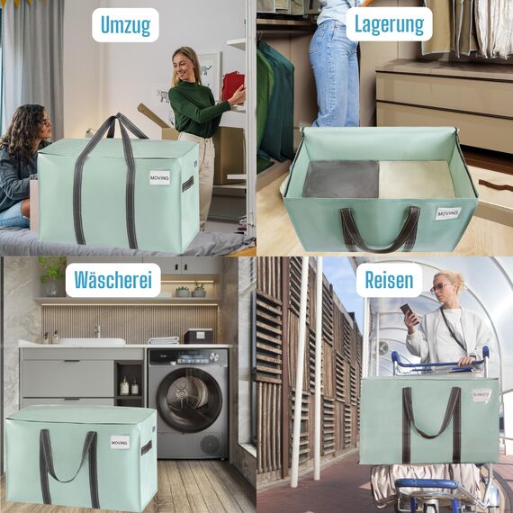 VENO 102 Liter Große Aufbewahrungstasche, Aufbewahrungsbox mit Deckel, Starke Griffe Umzugstaschen mit Reißverschlüssen, Alternative Umzugskartons, Faltbare Kleideraufbewahrung (Hellgrün, 4er Pack)