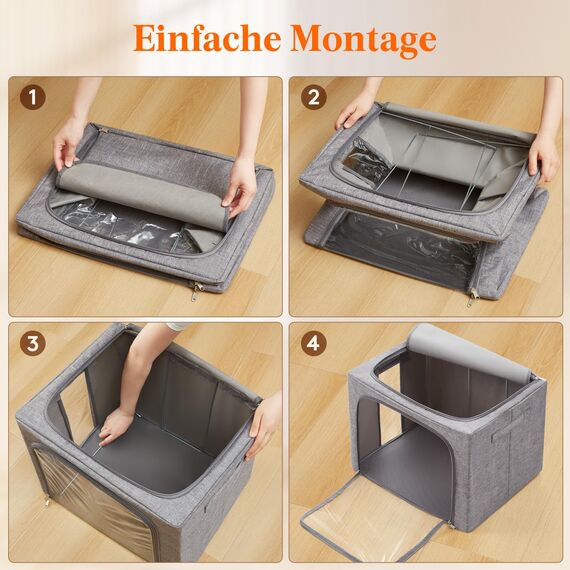 Lifewit 100L Aufbewahrungsbox mit Deckel, Kleidung Aufbewahrung, Faltbare Kleideraufbewahrung mit Metallrahmen, Stoffbox mit Griffen & Fenster, Aufbewahrung Kleiderschrank, 3er Set, Hellgrau