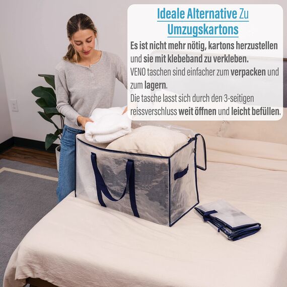 VENO 102 Liter Aufbewahrungstasche, Aufbewahrungsbox mit Deckel, Starke Griffe Umzugstaschen mit Reißverschlüssen, Alternative Umzugskartons, Faltbare Kleideraufbewahrung (Transparent, 10er Pack)