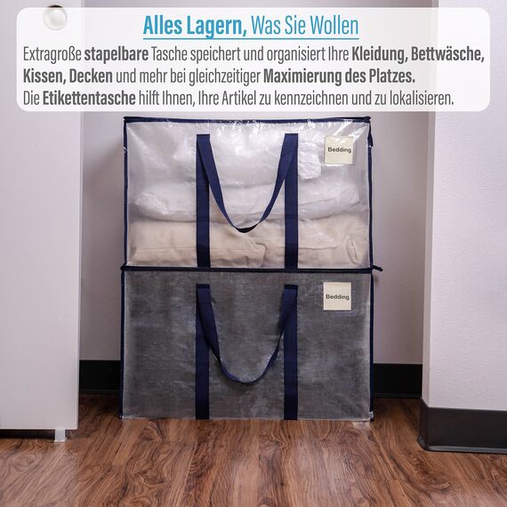 VENO 102 Liter Aufbewahrungstasche, Aufbewahrungsbox mit Deckel, Starke Griffe Umzugstaschen mit Reißverschlüssen, Alternative Umzugskartons, Faltbare Kleideraufbewahrung (Transparent, 10er Pack)