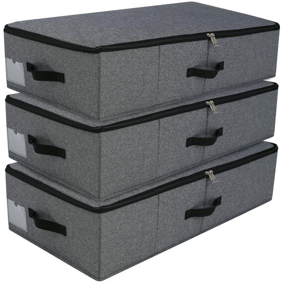 iwill CREATE PRO 3 Stück Unterbettkommode, Unterbett Aufbewahrungsbox mit deckel mit strapazierfähigem Stoff für Kleidung, Schuhe, Spielzeug, Decke, Tröster-Organizer-Behälter, Schwarz Grau