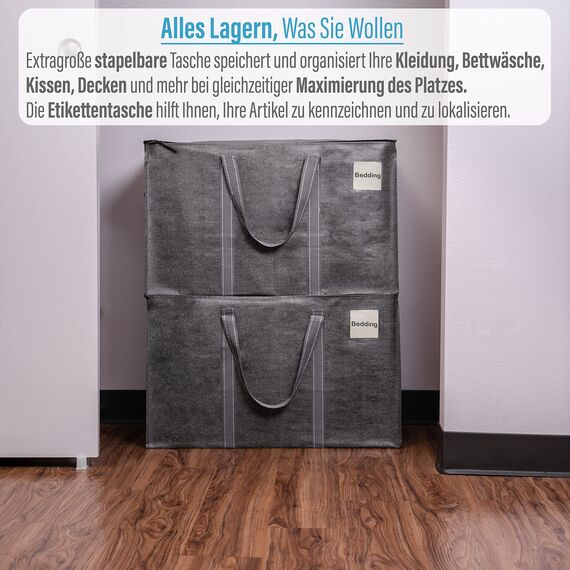 VENO 102 Liter Große Aufbewahrungstasche, Aufbewahrungsbox mit Deckel, Starke Griffe Umzugstaschen mit Reißverschlüssen, Alternative Umzugskartons, Faltbare Kleideraufbewahrung (Grau, 4er Pack)