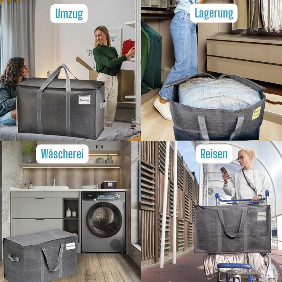 VENO 102 Liter Große Aufbewahrungstasche, Aufbewahrungsbox mit Deckel, Starke Griffe Umzugstaschen mit Reißverschlüssen, Alternative Umzugskartons, Faltbare Kleideraufbewahrung (Grau, 6er Pack)