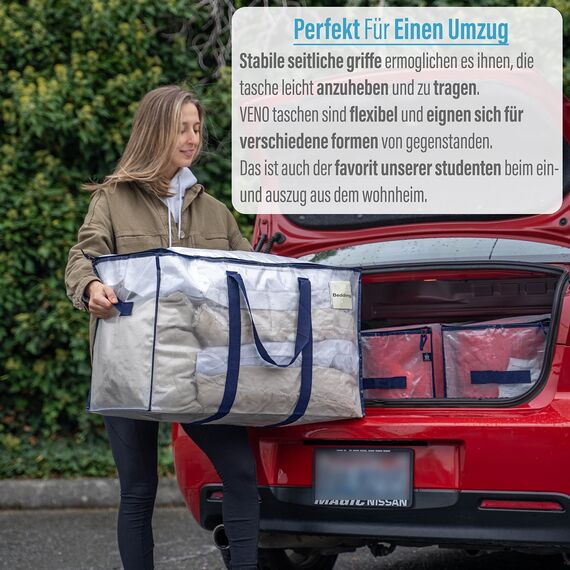 VENO 102 Liter Große Aufbewahrungstasche, Aufbewahrungsbox mit Deckel, Starke Griffe Umzugstaschen mit Reißverschlüssen, Alternative Umzugskartons, Faltbare Kleideraufbewahrung (Transparent, 2er Pack)