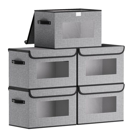 YheenLf Aufbewahrungsbox, Kleiderschrank Organizer, Aufbewahrungskorb mit Deckel Stoff, Faltbox mit Griff, 5 Stück, Grau, mit Fenster, 38x25x25cm