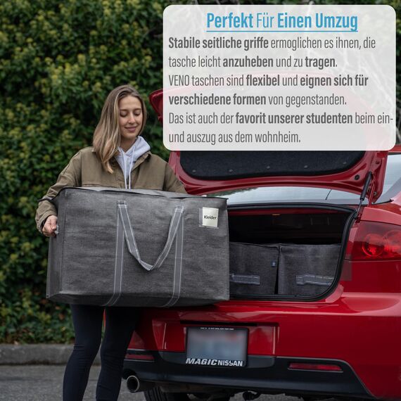 VENO 102 Liter Große Aufbewahrungstasche, Aufbewahrungsbox mit Deckel, Starke Griffe Umzugstaschen mit Reißverschlüssen, Alternative Umzugskartons, Faltbare Kleideraufbewahrung (Grau, 2er Pack)