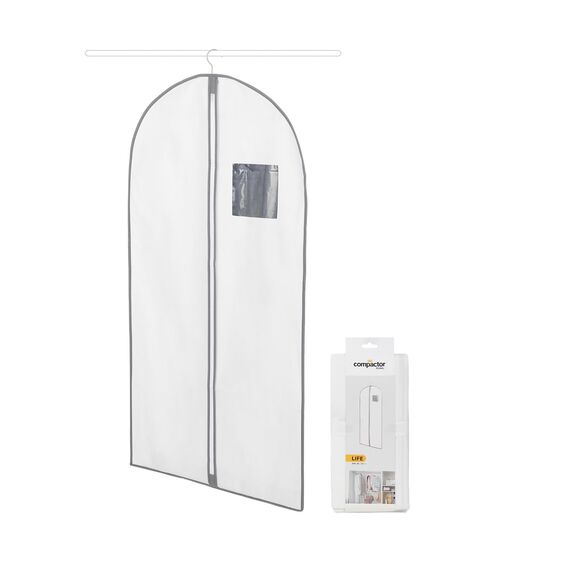 Compactor - Lange Kleiderschutzhülle zum Aufhängen Größe L - Schutz für Anzug, Mantel, langes Kleid - Reißverschluss - Atmungsaktives weißes Gewebe mit grauer Kante - Staubschutz für Kleiderschrank