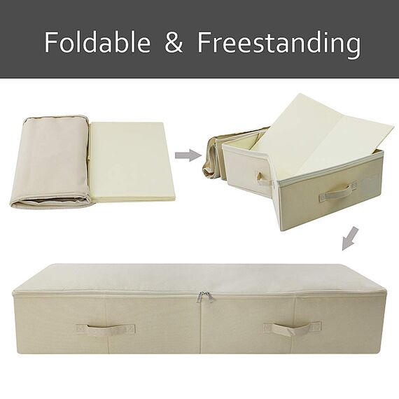 Amonsen Großes Format Unterbett Aufbewahrungsbox mit Deckel – Unterbett Schuhe Aufbewahrungsbox für Kleidung und Schuhe, Klappdesign mit 6 Griffen, Beige
