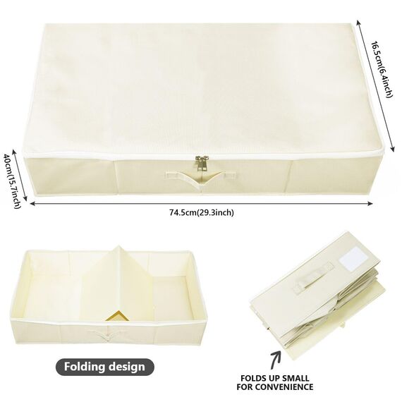 Omygarden Faltbare Unterbett Aufbewahrungsbox mit Kunststoff-Stützfutter,Decken Kleidung Tröster Aufbewahrungsbehälter Organizer für Schlafzimmer und Schrank, 90×42×18cm, Beige, 2PCS