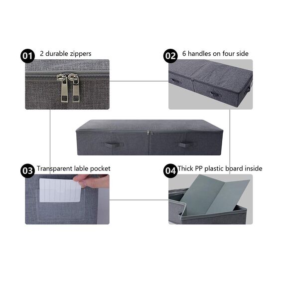 Amonsen Large Unterbett Aufbewahrungsbehälter aus Leinen-Gewebe für Unterbettkommode mit für Bettwäsche/Kleidung/Decken/Kissen Faltbar Groß, Schwarz Grau