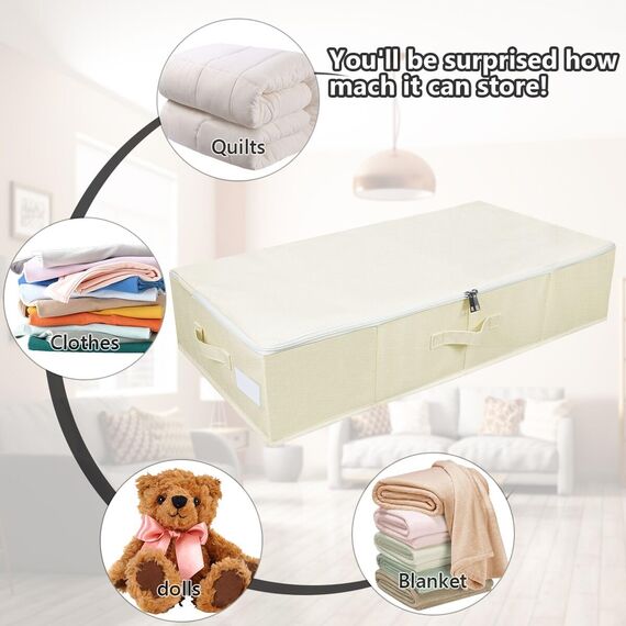 Omygarden Faltbare Unterbett Aufbewahrungsbox mit Kunststoff-Stützfutter,Decken Kleidung Tröster Aufbewahrungsbehälter Organizer für Schlafzimmer und Schrank, 90×42×18cm, Beige, 2PCS