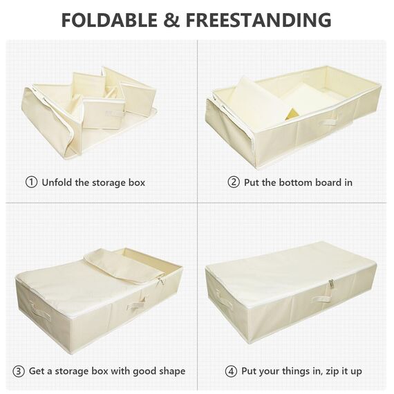 Omygarden Faltbare Unterbett Aufbewahrungsbox mit Kunststoff-Stützfutter,Decken Kleidung Tröster Aufbewahrungsbehälter Organizer für Schlafzimmer und Schrank, 90×42×18cm, Beige, 2PCS