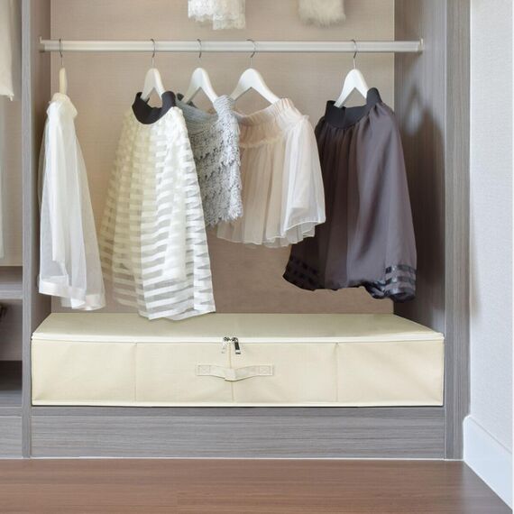 Omygarden Faltbare Unterbett Aufbewahrungsbox mit Kunststoff-Stützfutter,Decken Kleidung Tröster Aufbewahrungsbehälter Organizer für Schlafzimmer und Schrank, 90×42×18cm, Beige, 2PCS