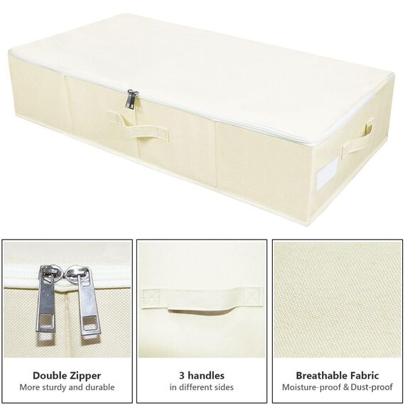 Omygarden Faltbare Unterbett Aufbewahrungsbox mit Kunststoff-Stützfutter,Decken Kleidung Tröster Aufbewahrungsbehälter Organizer für Schlafzimmer und Schrank, 90×42×18cm, Beige, 2PCS
