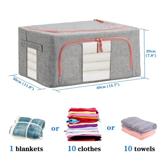 FUSACONY Kleideraufbewahrung Box 2 Stück, Kleiderschrank Organizer Faltbar Aufbewahrungsbox mit Metallrahmen und 2 Fenster, Aufbewahrungstasche für Kleidung, Bettdecken, Decken, Bettwäsche, Grau(22L)