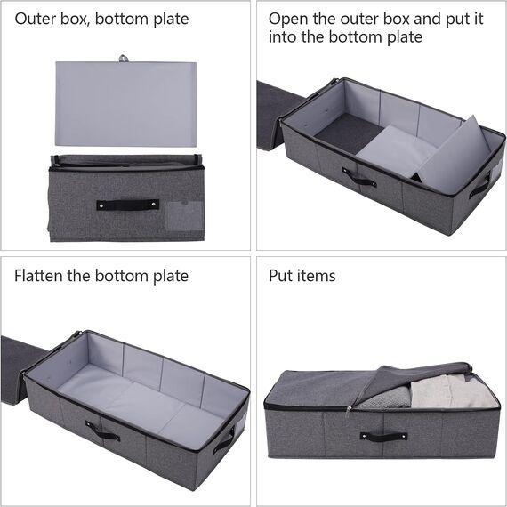 Omygarden Faltbare Unterbett Aufbewahrungsbox mit Kunststoff-Unterstützung Liner,Decken Kleidung Tröster Aufbewahrungsbehälter Organizer für Schlafzimmer und Schrank, 74.5×38×18cm, schwarz grau, 2PCS