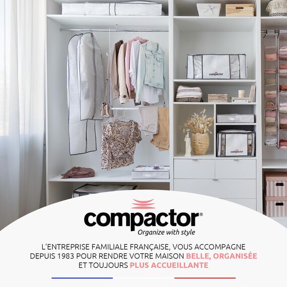 Compactor - Lange Kleiderschutzhülle zum Aufhängen Größe L - Schutz für Anzug, Mantel, langes Kleid - Reißverschluss - Atmungsaktives weißes Gewebe mit grauer Kante - Staubschutz für Kleiderschrank